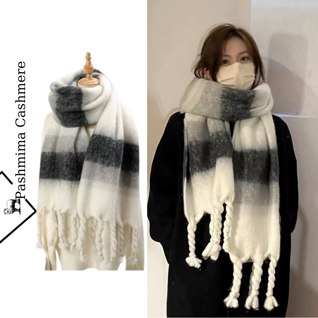 Khăn quàng cổ len Cashmere ấm dày, khổ rộng dài, Sọc Trắng Đen chống gió, giữ ấm mùa đông nam nữ K75
