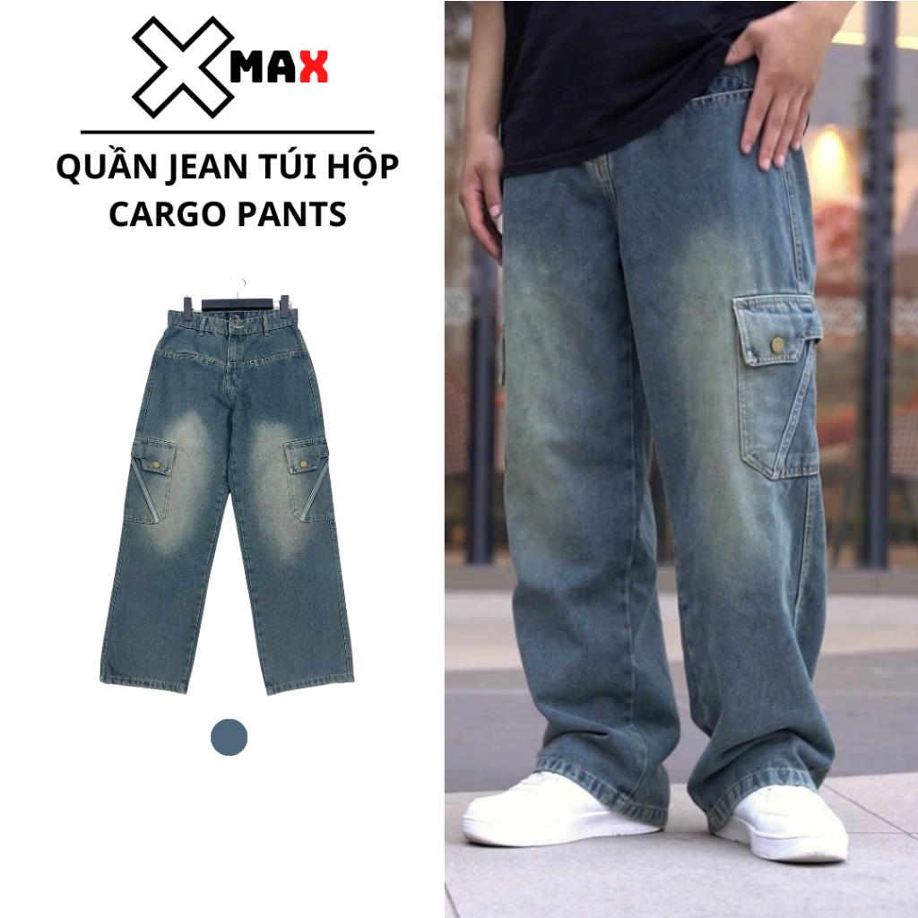 Quần jean nam túi hộp cargo pants XMAX quần bò nam ống rộng màu xanh rêu đẹp phong cách retro B127