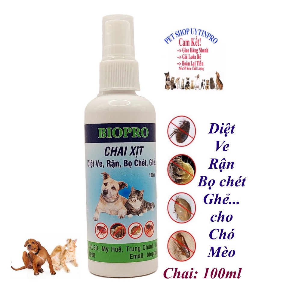 Chai xịt ve rận bọ chét ghẻ cho Chó Mèo Biopro chai 100ml Giúp diệt sạch và phòng ve, rận, bọ chét an toàn, hiệu quả