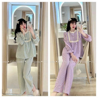 Sét bộ pyjama kẻ tiểu thư tay bo quần dài siêu xinh KẺ REN. hottrend