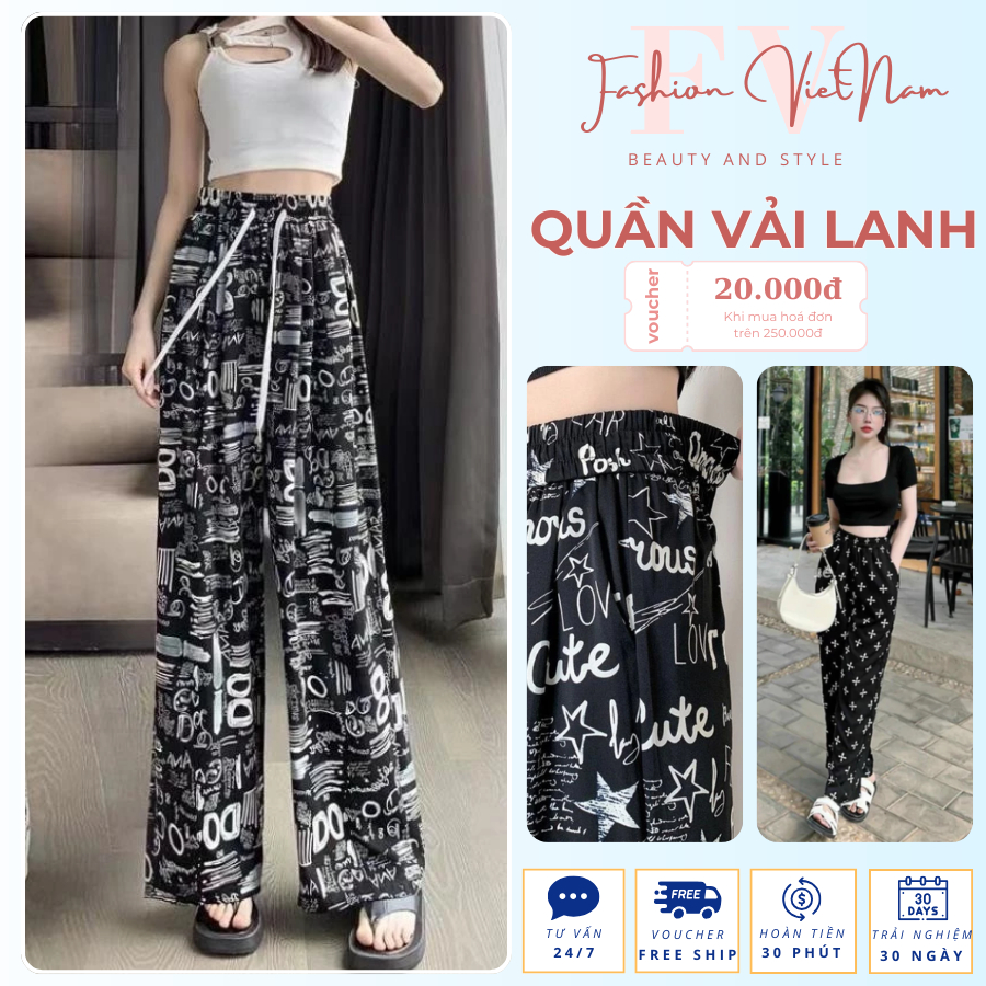 Quần Vải Lanh Nữ Ống Rộng Chất Liệu Lụa Siêu Mát Nhiều Hoạ Tiết Quần Lanh Ống Nữ Cạp Cao Có Dây Rút M1124 Fashion VN