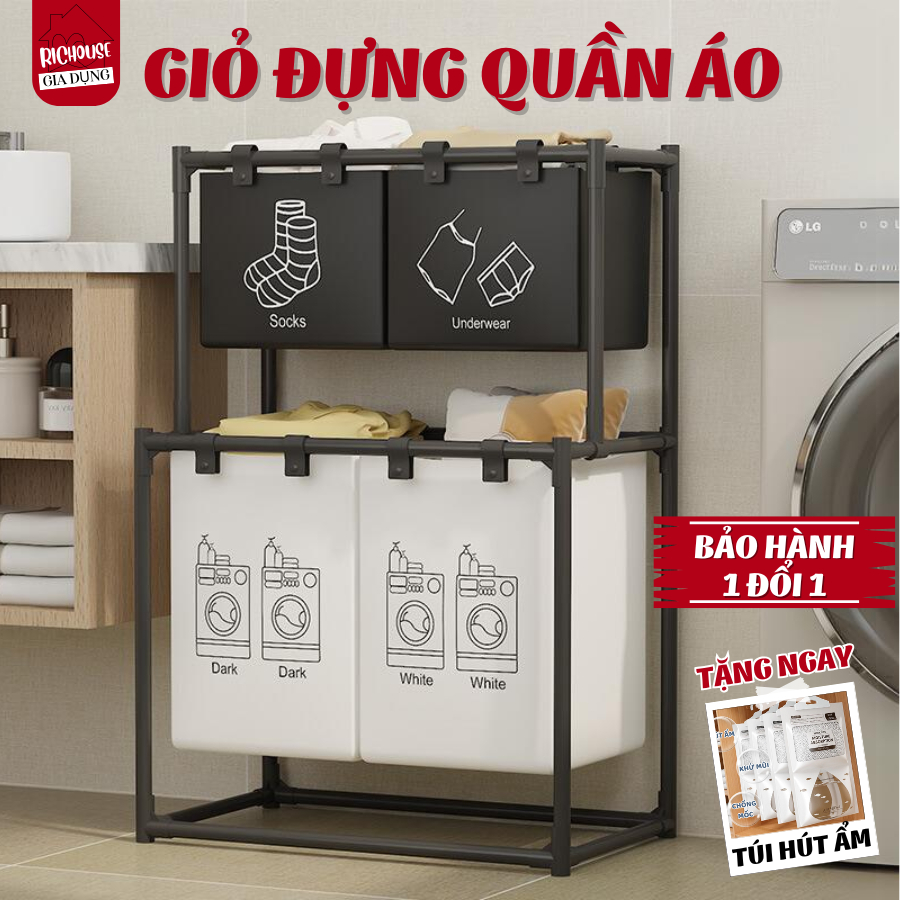  Giỏ Đựng Quần Áo Khung Thép Cacbon Chống Gỉ 4 Ngăn Gấp Gọn Giỏ Phân Loại Quần Áo Giặt 