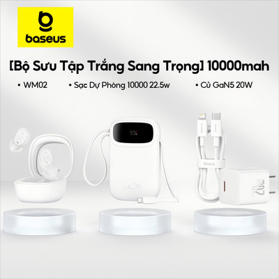 [Bộ du lịch 4 món] Sạc dự phòng Baseus 10000mAh + Tai nghe WM02, + Sạc PD 20W + Cáp 20W