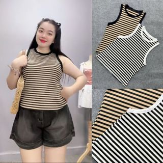 Áo ba lỗ bigsize nữ dáng croptop sọc viền trắng đen thun gân xịn co giãn mạnh năng động thể thao-G3