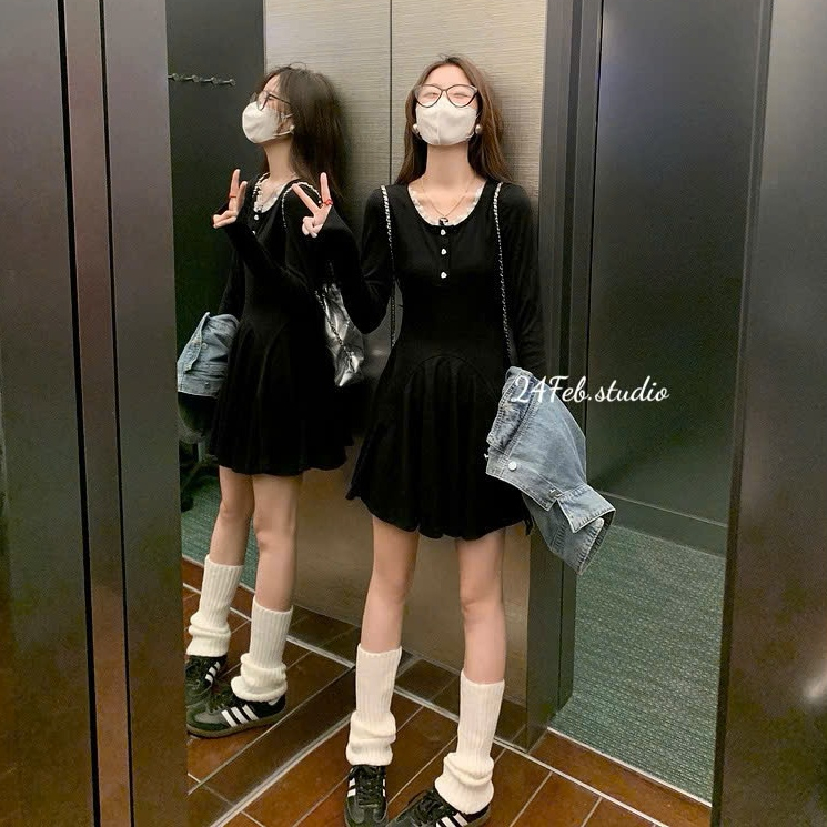 Váy thun nữ cổ tròn viền ren dài tay dáng xòe phong cách basic 24Febstudio VN81