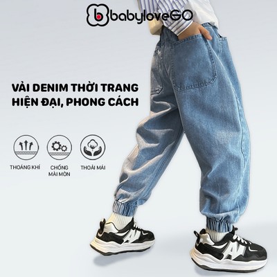 Quần bò jeans cho bé trai BabyloveGO, quần dài cho bé dáng jogger chun gấu vải denim mềm nhẹ an toàn