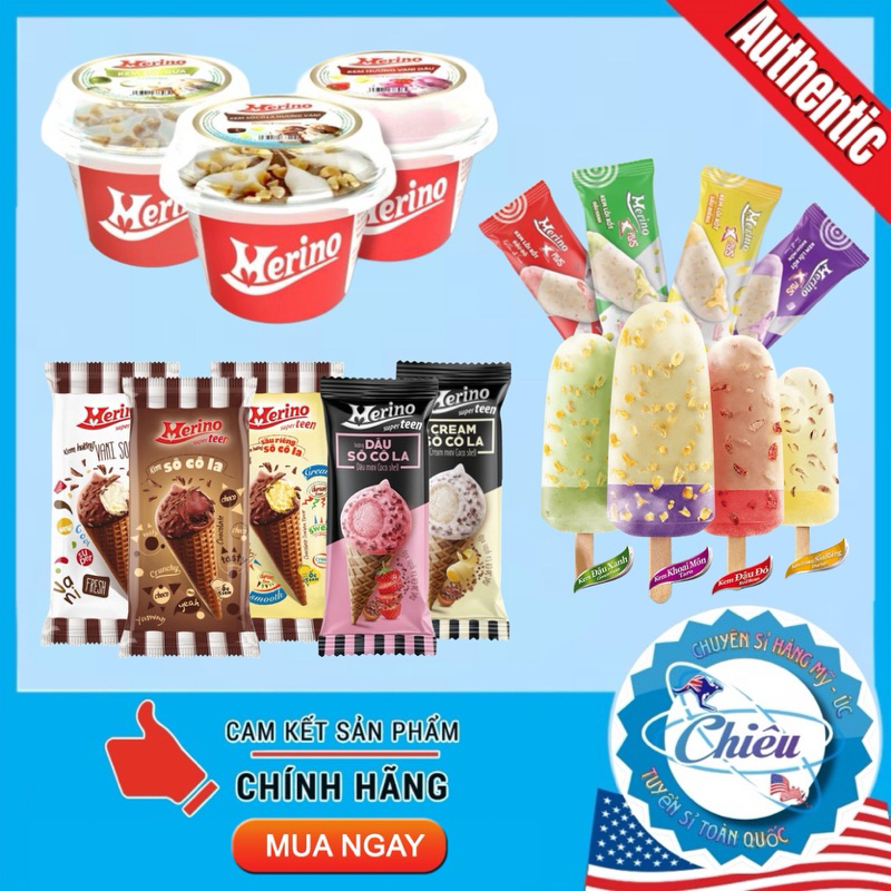 Kem ly Merino và ốc quế Super Teen, kem cây X Plus các vị vani dâu socola