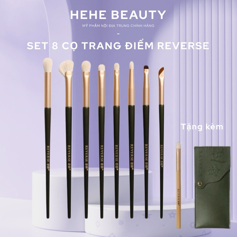 REVERSE - Set 8 Cọ Trang Điểm REVERSE Đặc Biệt, Cao Cấp. TẶNG kèm túi da + cọ che khuyết điểm