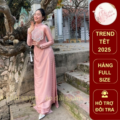 Áo dài lụa vân gỗ màu hồng áo dài saam form dáng truyền thống đính kết hạt ngọc cổ tay viền tà 2024