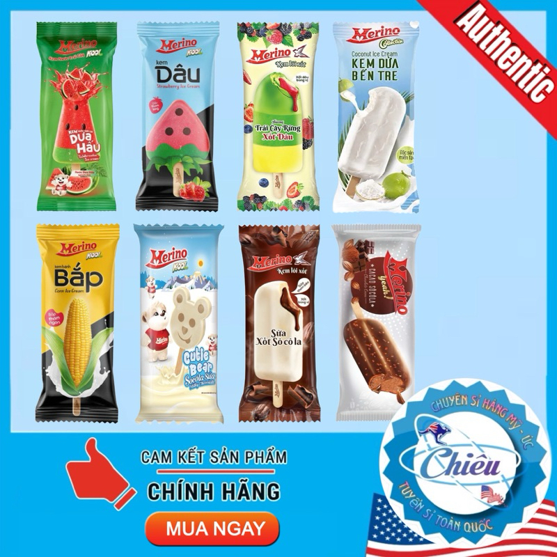 Kem que Merino socola, trái cây, dưa hấu, bắp, dừa
