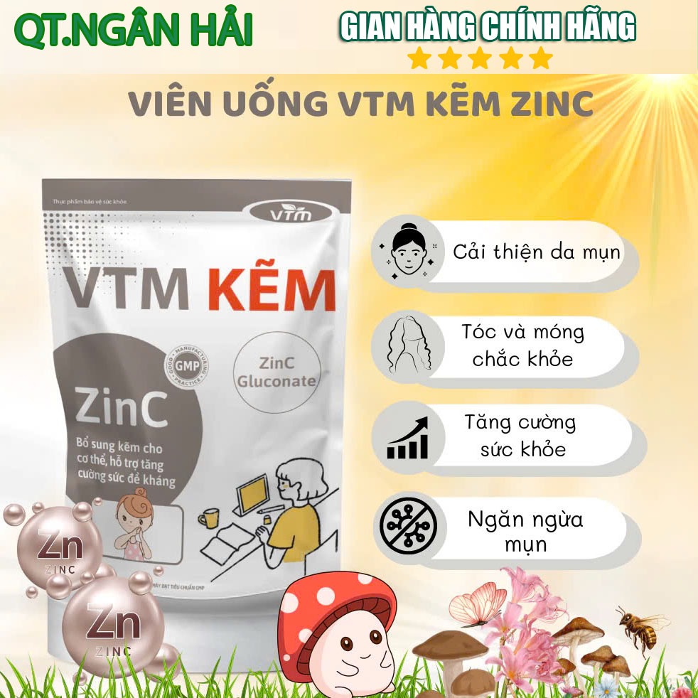 Viên uống VTM Kẽm ZinC bổ sung hỗ trợ tăng cường sức đề kháng, làm đẹp da - gói 30 viên