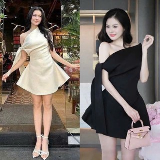Váy Vải Chéo Ép Mùng Lệch Vai Thắt Nơ 2 Màu Dáng Xòe Chuẩn Hàng Thiết Kế 2 Màu Sang Trọng ( Kèm Ảnh Thật) Lollaye
