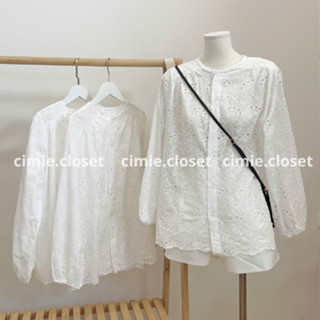 Áo sơ mi trắng dài tay, áo sơ mi ren hoa nổi vintage by Cimie Closet