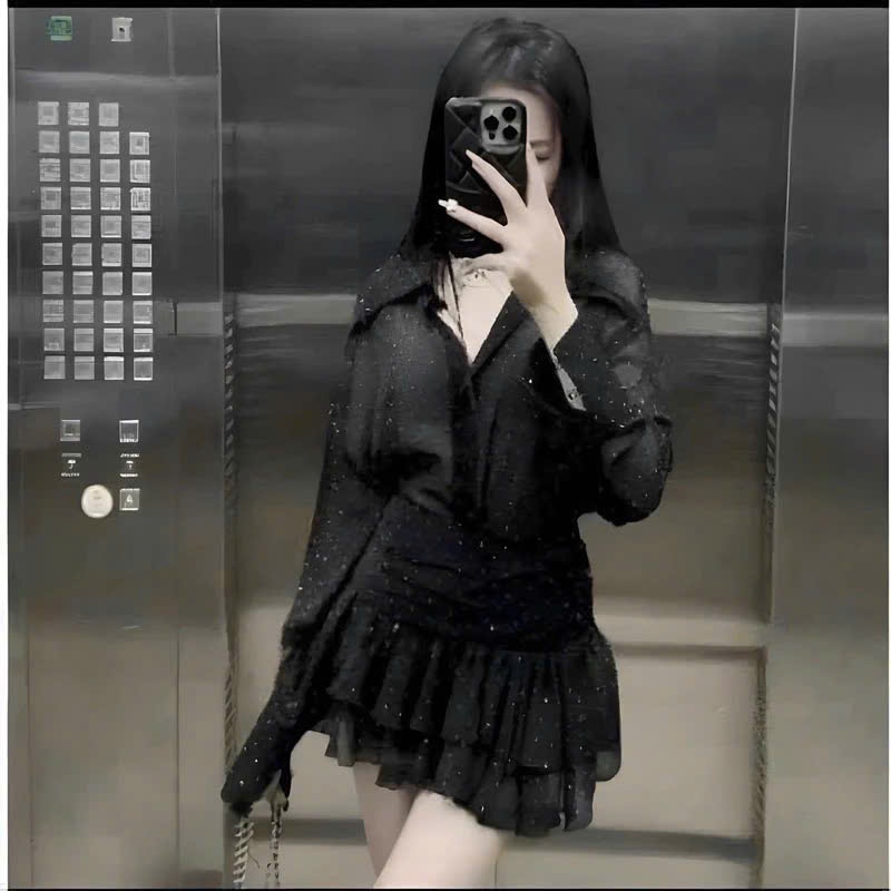 Set váy sơ mi đính full đá phối chân váy tầng xoè mặc được hai kiểu áo tay dài dáng rộng QC. Màu y hình🌹🌹    SHOPBOSTO | BigBuy360 - bigbuy360.vn