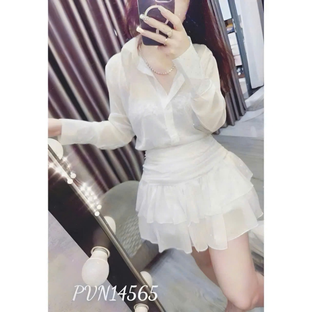 Set váy sơ mi đính full đá phối chân váy tầng xoè mặc được hai kiểu áo tay dài dáng rộng QC. Màu y hình🌹🌹    SHOPBOSTO | BigBuy360 - bigbuy360.vn