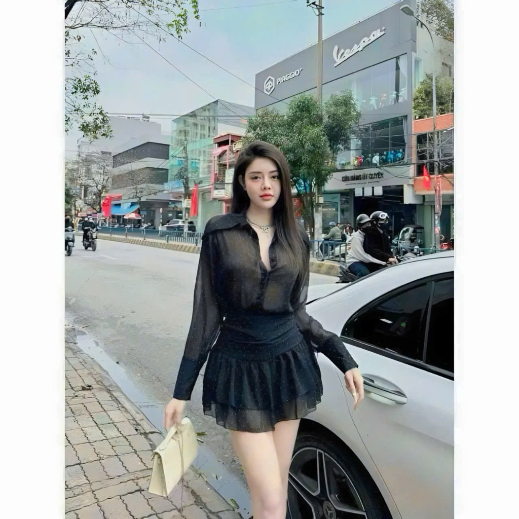 Set váy sơ mi đính full đá phối chân váy tầng xoè mặc được hai kiểu áo tay dài dáng rộng QC. Màu y hình🌹🌹    SHOPBOSTO | BigBuy360 - bigbuy360.vn