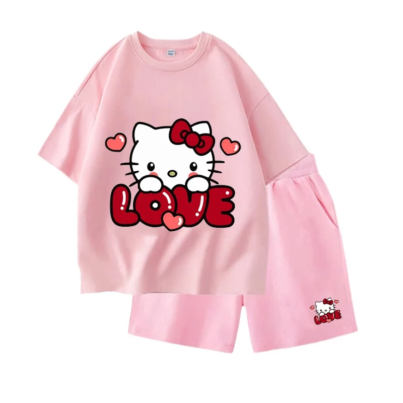 Bộ Quần Áo Dành Cho Bé Từ 10-53kg, Chất Vải Thun Cotton Thoáng Khí, Hình Hello Kitty Love Đáng Yêu