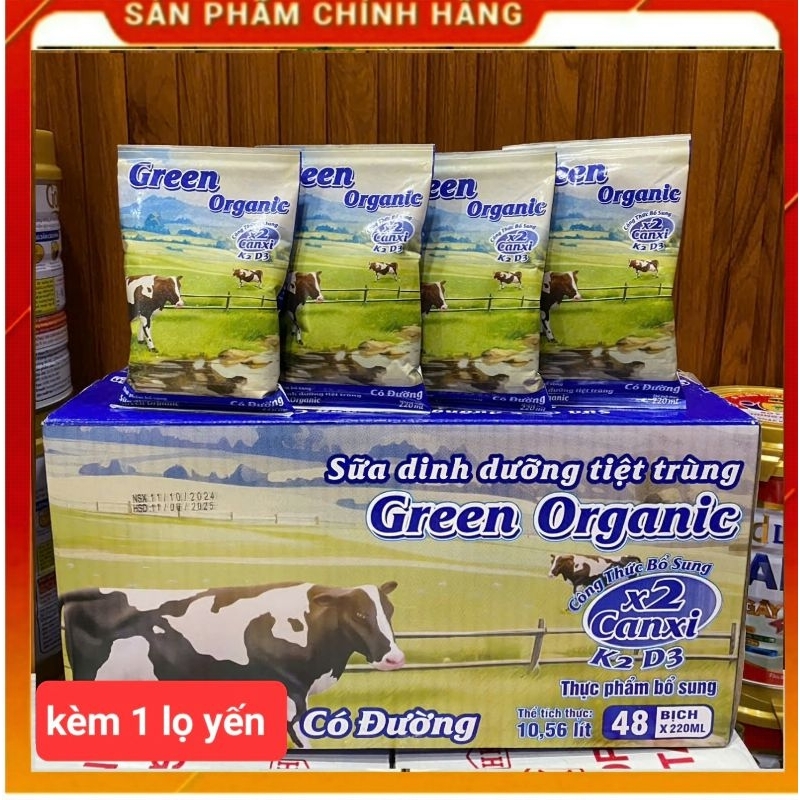 COMBO 10 SỮA TƯƠI BỊCH 220ML ( TẶNG 1 LỌ YẾN 30% ) K2D3 VÀ X2 CANXI - SỮA CAO CẤP ORGANIC GREEN .
