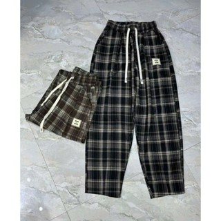  quần nữ dáng baggy  vải mì dạ siêu đẹp cạp chun lưng cao có dây rút hoạ tiết kẻ caro 