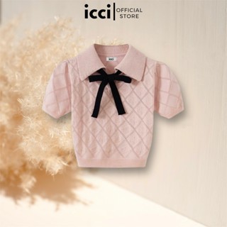 ICCI - Áo len croptop tay ngắn buộc nơ đan hoạ tiết quả trám ICW1