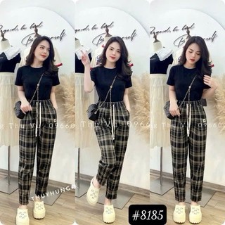  quần baggy nữ  cạp chun lưng cao vải mì dạ hoạ tiết kẻ caro 