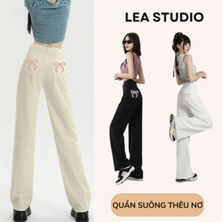 Quần Jeans Nữ Ống Rộng Thêu Nơ, Quần Kaki Nữ Ống Suông Hàn Quốc, Chất Dày Dặn, Trắng, Đen, Kem-Lea Studio