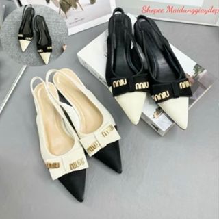 Sandal Nữ Mũi Nhọn Phối Màu Nơ Gắn Khoá MIU Chất Tuyết Nhung Giày Sục Bệt Quai Hậu Cao Cấp Giày búp bê slingback