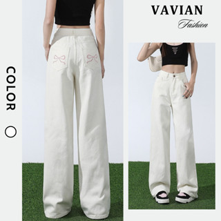 Quần Kaki Trắng, quần suông nữ, quần ống rộng nơ dáng đứng lưng cạp cao thêu nơ hồng phong cách 2025