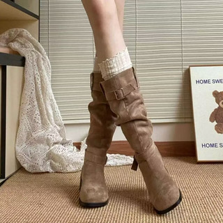  Giày Boot Nữ da nhung Maillard cổ cao mũi vuông Bốt Martin tôn dáng cao có khóa phong cách cổ điển BNTQ7 ElingStudio 
