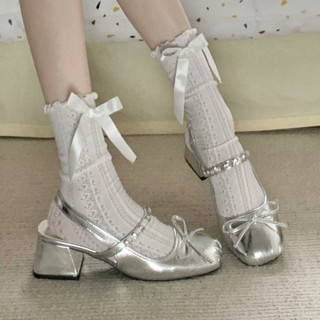  Giày cao gót mũi tròn đính nơ màu bạc đế vuông 5cm giày Mary Jane hở gót tiểu thư sang chảnh SLB1 ElingStudio 