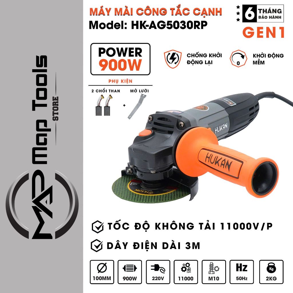 Máy Mài Cầm Tay HUKAN HK-AG5030RP, Công tắc sườn, Công Suất 900w, Có tính năng Chống khởi động lại