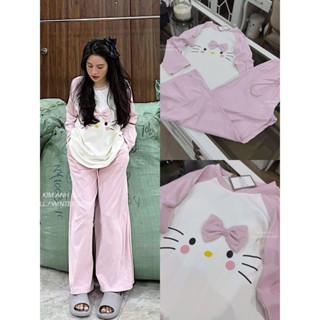 Set Bộ Nỉ Nữ Thu Đông Dài Tay Hello Kitty Màu Hồng, Set Bộ Nỉ Áo Cổ Tròn Kèm Quần Dáng Suông Siêu Xinh