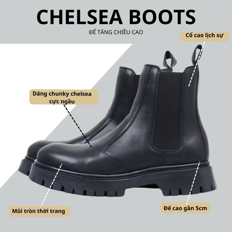 Giày chelsea boots nam đế cao 5-6cm khâu đế da bền