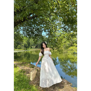 [ 2m.studio ] Violet Dress, Đầm maxi dài trễ vai thêu hoa tiểu thư, đầm đi biển DMX1