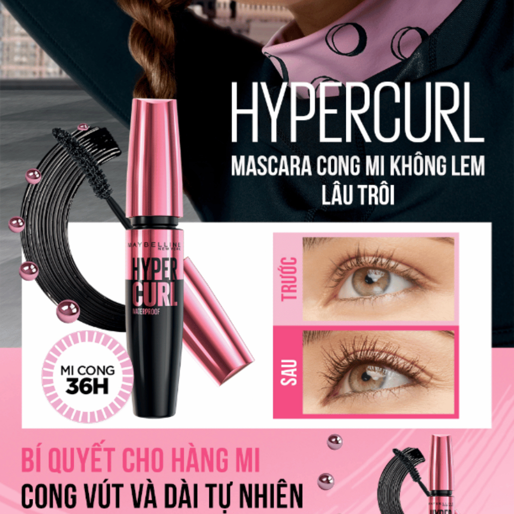 Mascara Maybelline Hyper Curl New York Waterproof Dài Mi và Cong Mi Đen 9.2ml Thái Lan