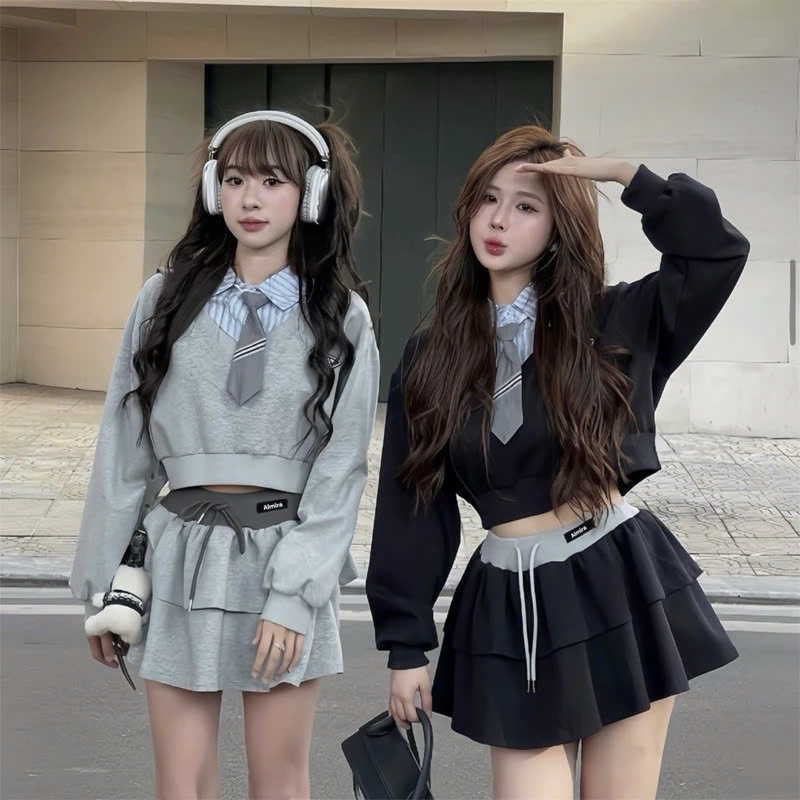 Set Đồ Nữ 3 Món - Áo Nỉ Croptop Dài Tay Phối Cổ Sơ Mi Mix Cà Vạt Kèm Chân Váy Xòe Tầng Siêu Xinh | BigBuy360 - bigbuy360.vn