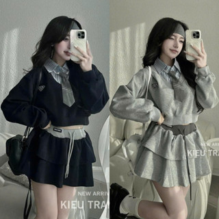  Set Đồ Nữ 3 Món - Áo Nỉ Croptop Dài Tay Phối Cổ Sơ Mi Mix Cà Vạt Kèm Chân Váy Xòe Tầng Siêu Xinh 