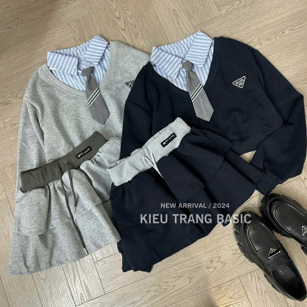 Set Đồ Nữ 3 Món - Áo Nỉ Croptop Dài Tay Phối Cổ Sơ Mi Mix Cà Vạt Kèm Chân Váy Xòe Tầng Siêu Xinh | BigBuy360 - bigbuy360.vn