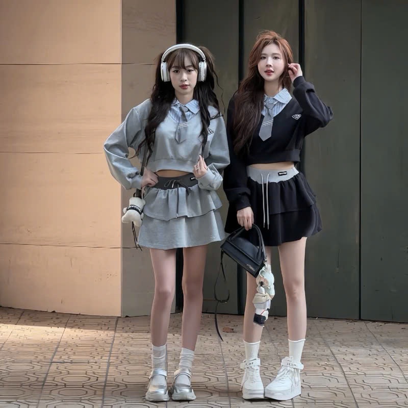 Set Đồ Nữ 3 Món - Áo Nỉ Croptop Dài Tay Phối Cổ Sơ Mi Mix Cà Vạt Kèm Chân Váy Xòe Tầng Siêu Xinh | BigBuy360 - bigbuy360.vn