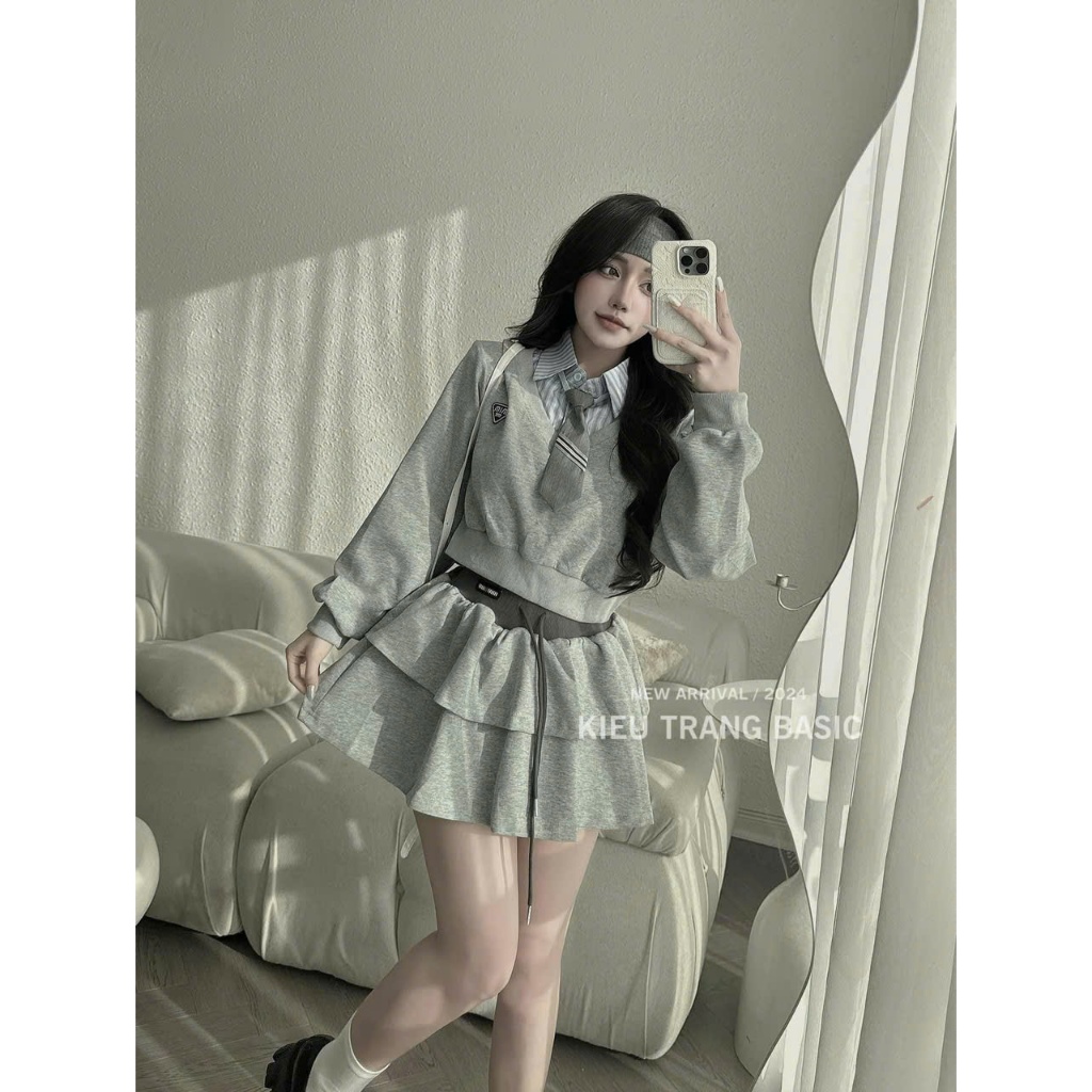 Set Đồ Nữ 3 Món - Áo Nỉ Croptop Dài Tay Phối Cổ Sơ Mi Mix Cà Vạt Kèm Chân Váy Xòe Tầng Siêu Xinh | BigBuy360 - bigbuy360.vn