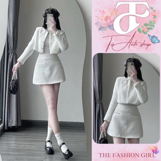 Set dạ tweed nữ cổ đính đá nơ thủ công , áo dáng croptop chân váy chữ A cực sang chảnh - Tú Anh Store