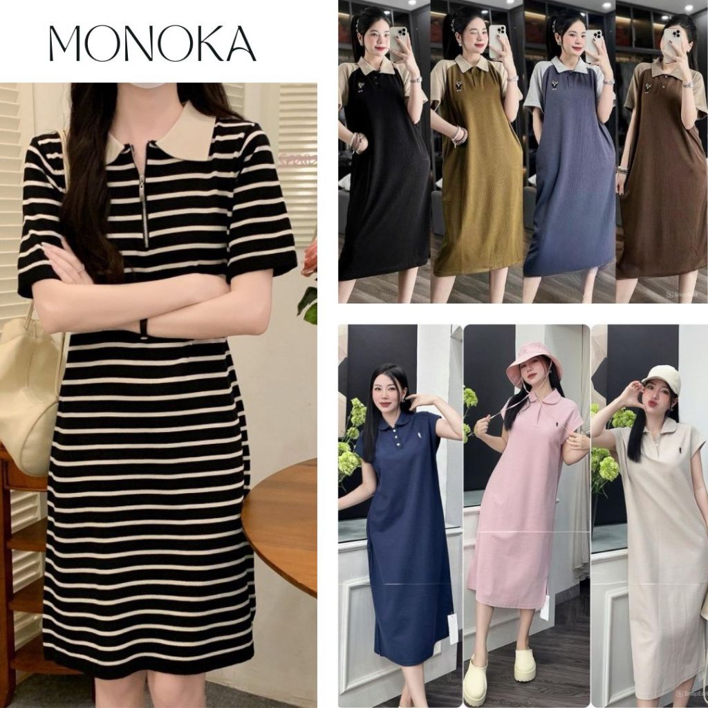 ( nhiều mẫu ) Váy thun polo cộc tay suông rộng basic Đầm bầu cổ bẻ polo thể thao form rộng đi chơi mặc nhà T610G MONOKA