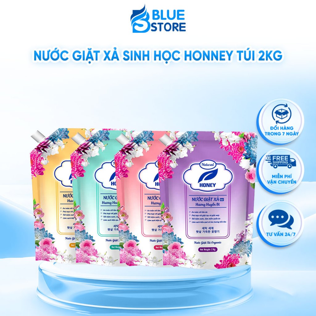 Nước giặt xả sinh học Honey túi 2KG ,dưỡng vải bền màu, lưu hương sau 72h (4 mùi hương để chọn)