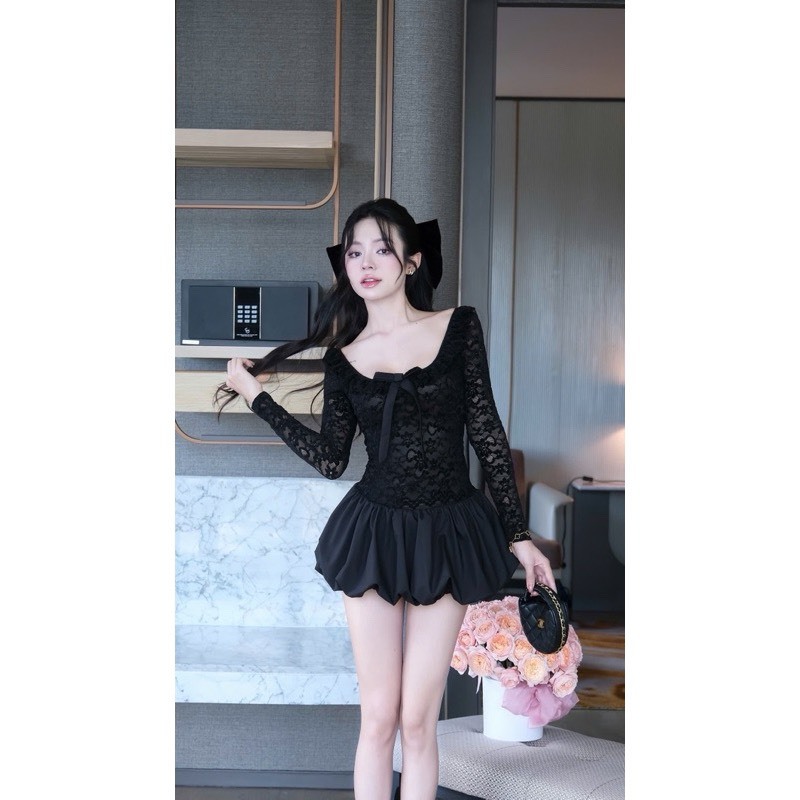 Váy Body Ren Hoa 2 Lớp Dài Tay Lông Thỏ Phối Nơ Cổ Mix Chân Váy Tơ Xoè Tôn Eo Tôn Dáng