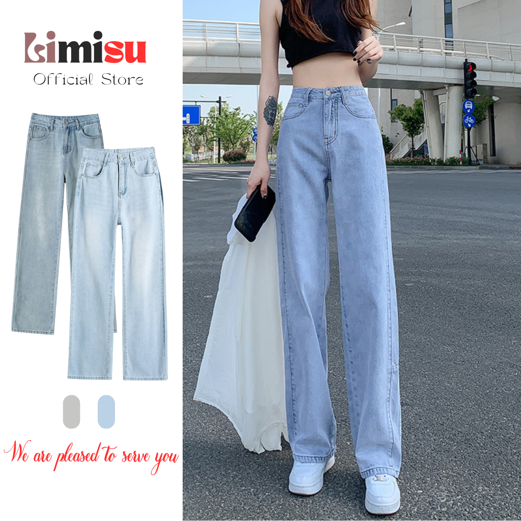 Quần Bò Nữ Ống Suông Cạp Cao LIMISU Quần Bò Jean Nữ Ống Rộng Màu Xanh Basic Phong Cách Hàn Quốc JT