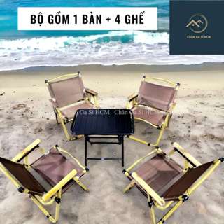  BỘ  1 BÀN + 4 GHẾ  Cà Phê Camping Xếp Gọn Sơn Tĩnh Điện Bền Đẹp Tay Phối Gỗ Tự Nhiên _ Chính Hãng 