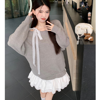 Set áo thun dài tay phối ren, buộc dây nơ vai phối chân váy tầng phối ren thêu hoa nổi