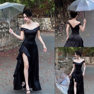 Bigsize Đầm body maxi trễ vai xẻ đùi viền bèo xinh diện phố 55-95kg