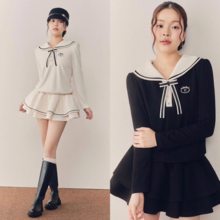  Đầm Váy Cổ Thuỷ Thủ Viền Đen Đính Nơ Cài Nút Tay Dài Thêu Logo Xoè Bồng 2 Tầng 
