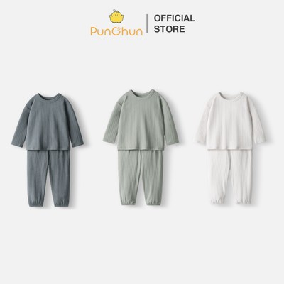 [PUNCHUN 9M-5Y] Bộ quần áo dài cổ tròn form rộng nỉ gân Tea cho bé trai Punchun